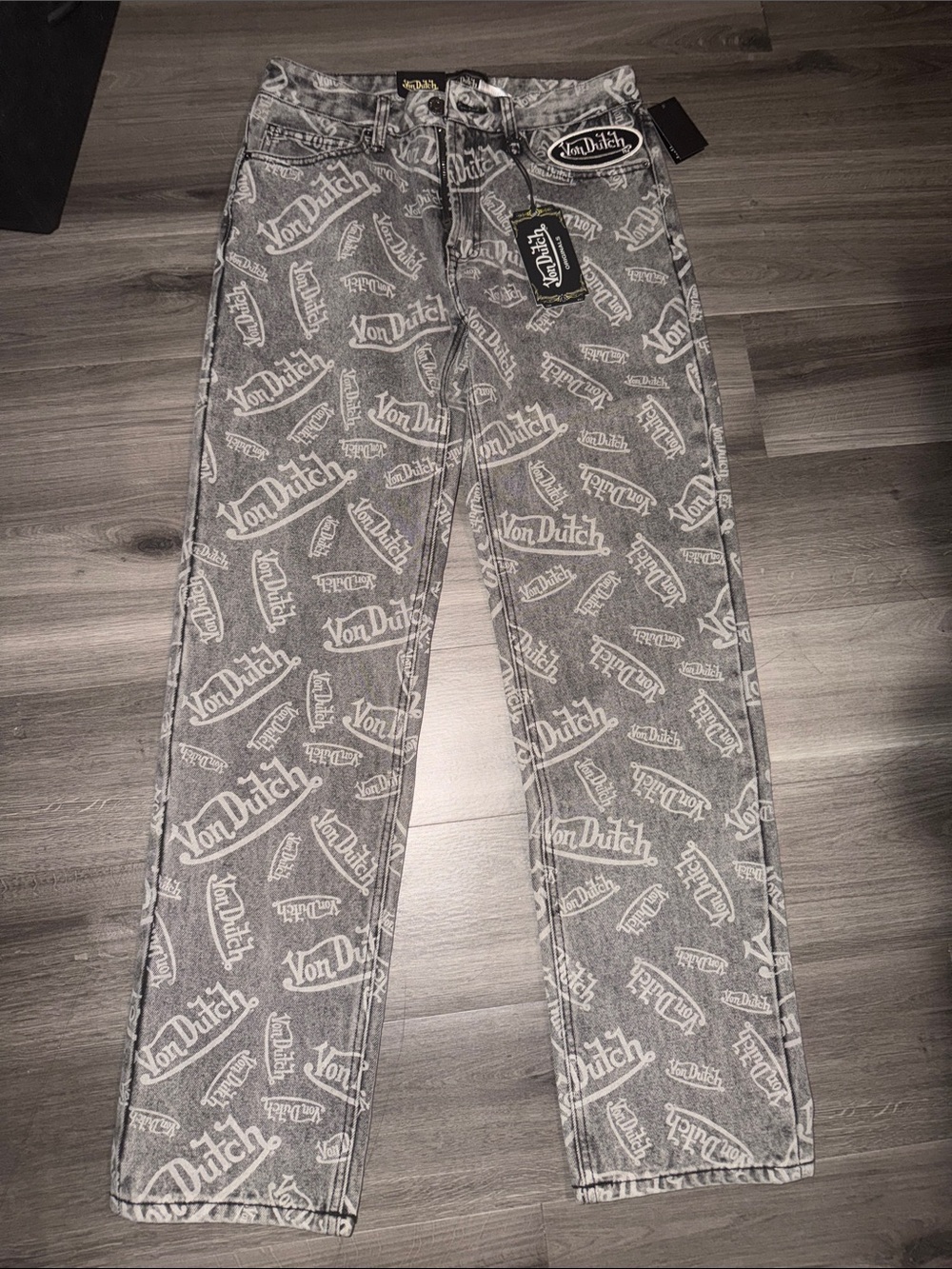 Von Dutch Grey All-Over Logo Straight Jeans